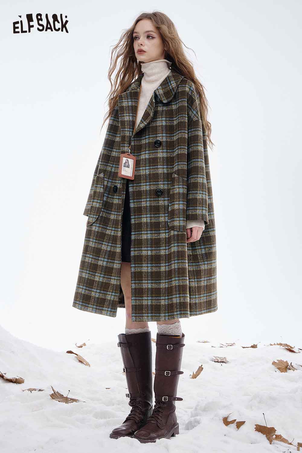 ELFSACK women's striped wool coat in plaid design, perfect for stylish cold-weather wear
