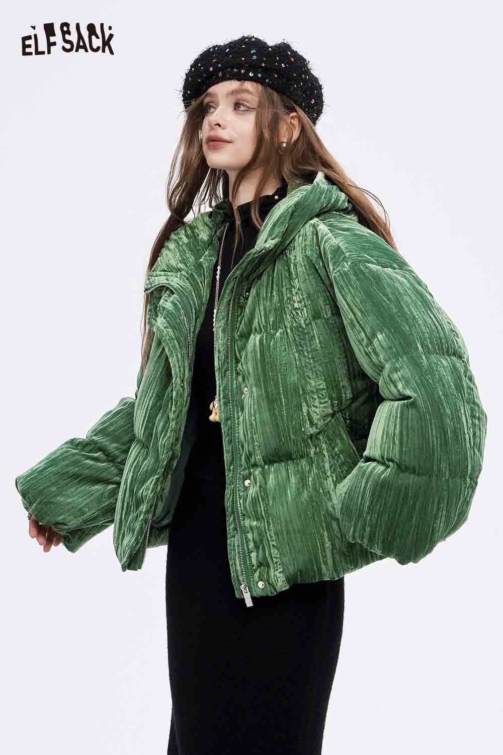 ELFSACK women's velvet puffer coat in green with a stylish loose fit and a cozy design