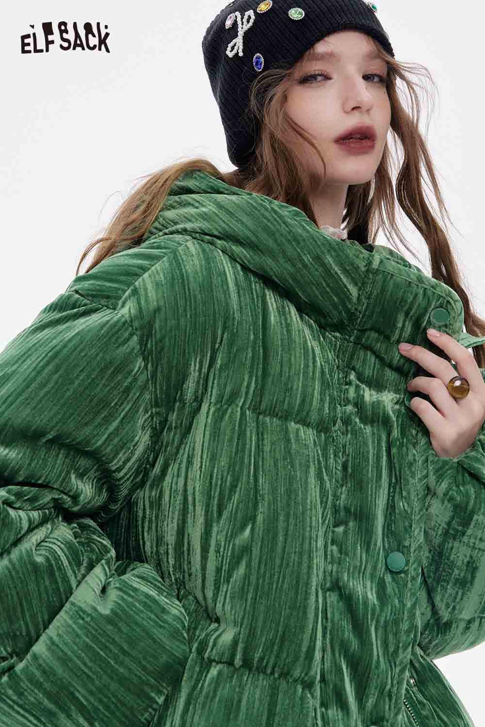 ELFSACK women's velvet puffer coat in green with a stylish oversized design for warmth and comfort