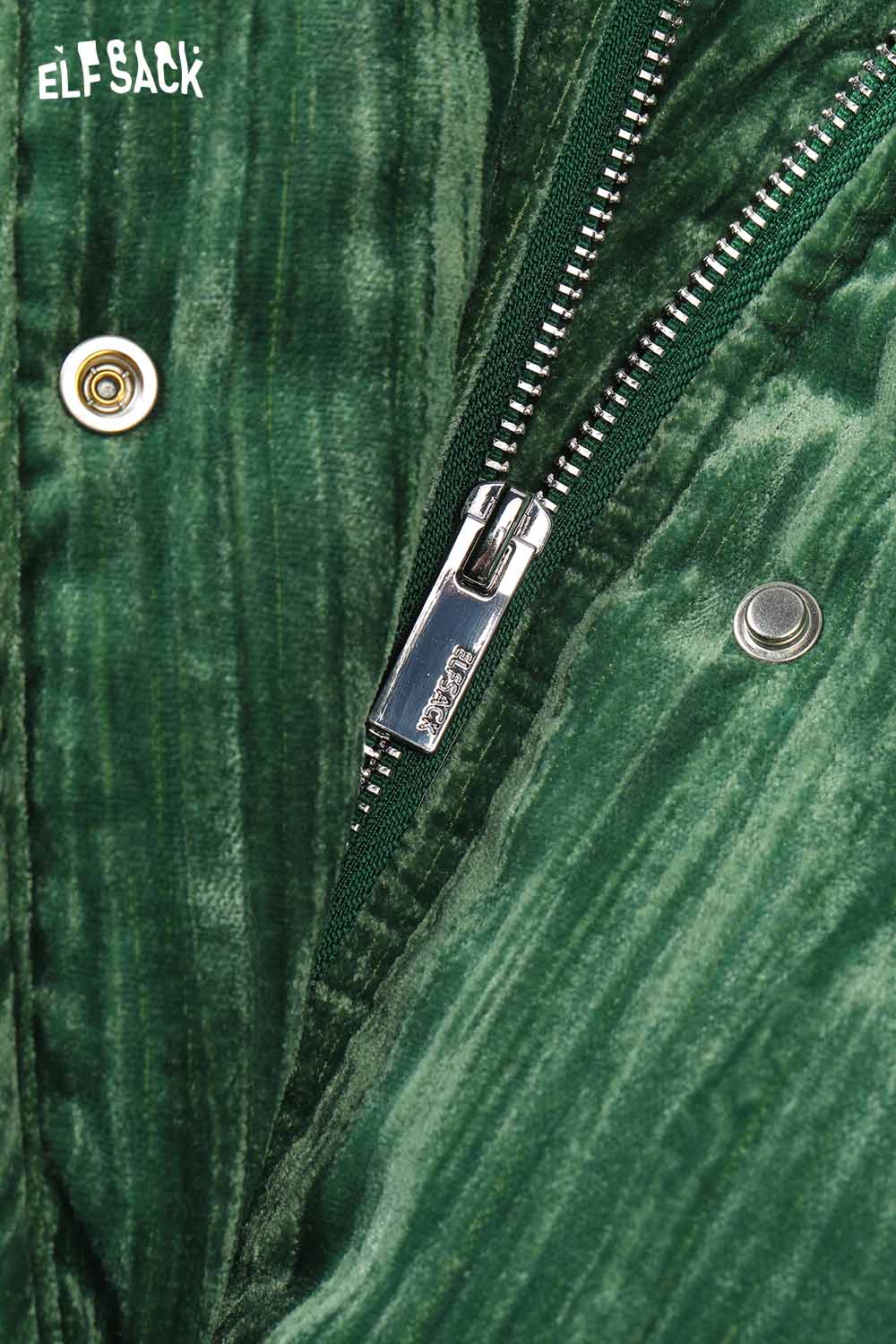 Close-up of ELFSACK women's velvet puffer coat showing the zipper and fabric texture in green