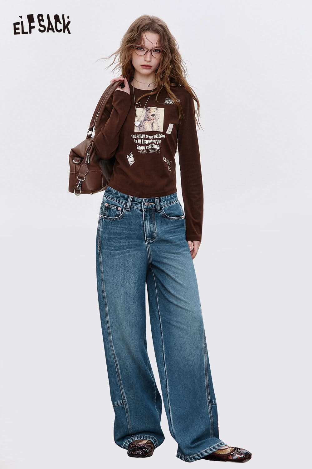 ELFSACK women's vintage washed jeans with a relaxed fit and stylish wide leg design