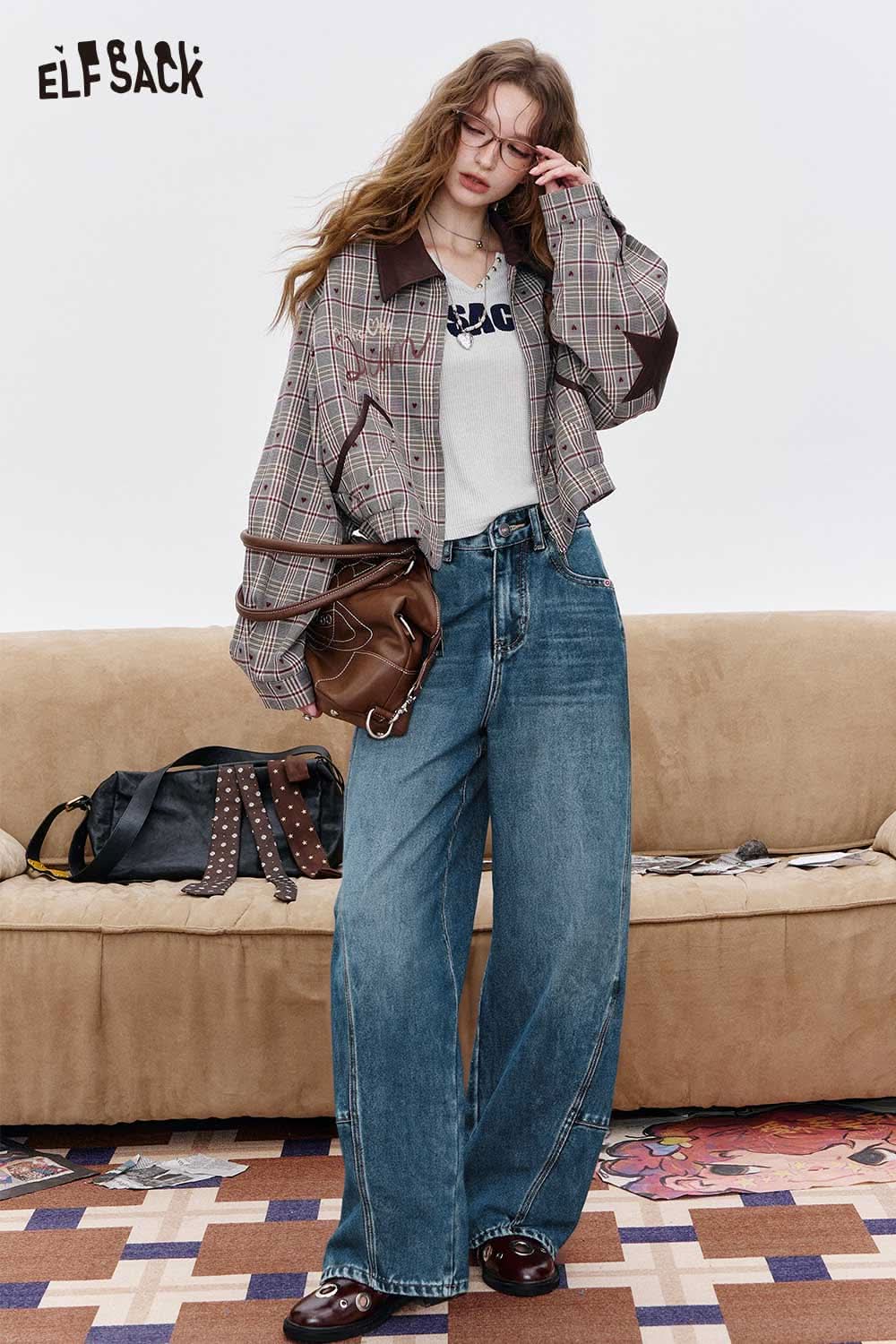 ELFSACK women's vintage washed jeans with a relaxed fit and high-waisted design for a trendy look