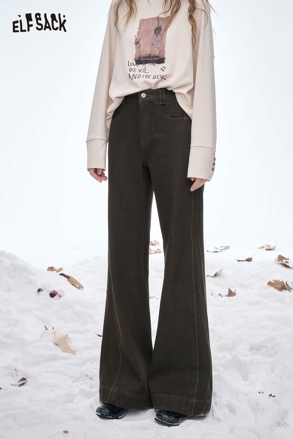 ELFSACK women's wide leg floor length jeans in dark brown with a stylish oversized fit