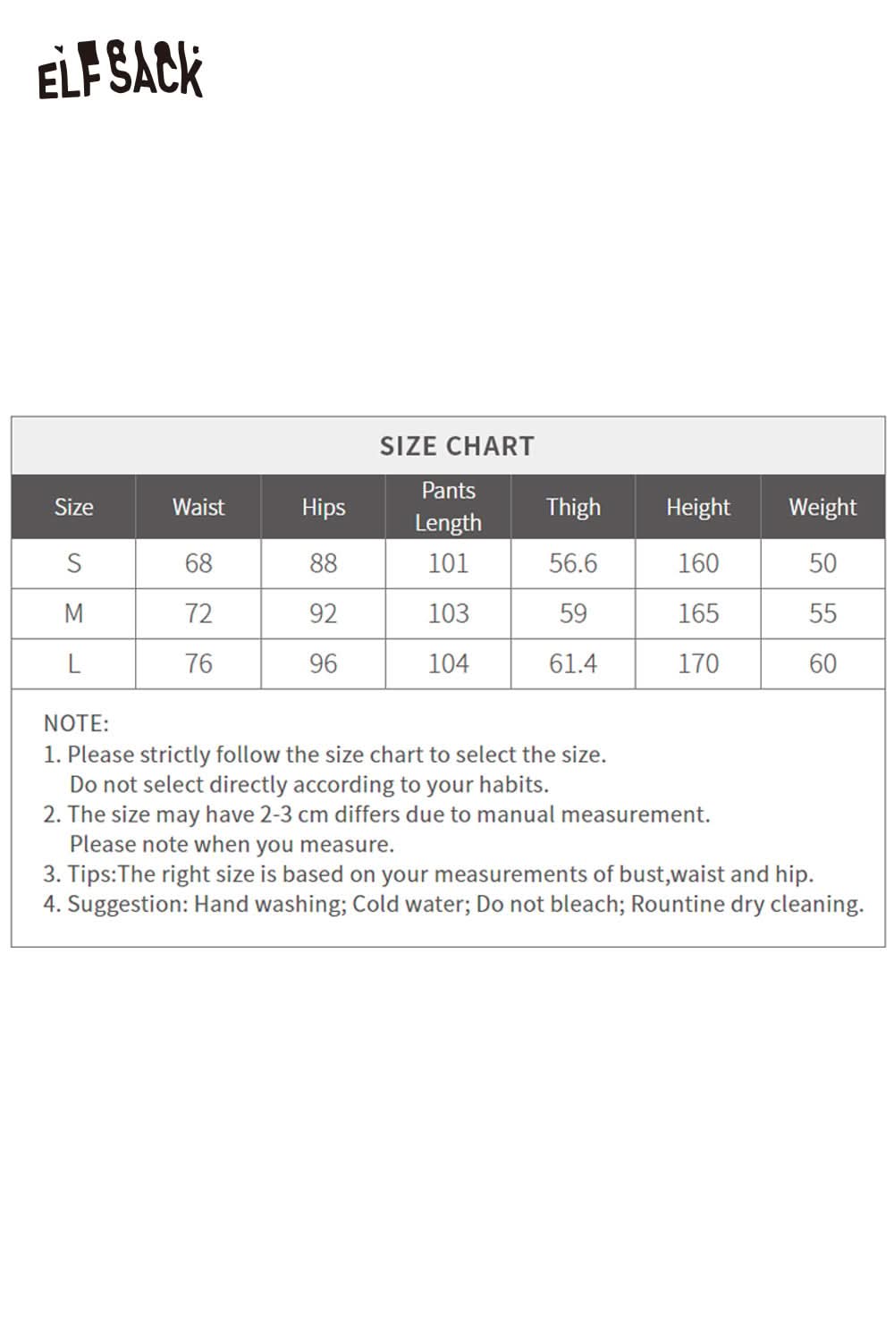 Size chart for ELFSACK women's wide leg floor length jeans with measurements for fit guidance
