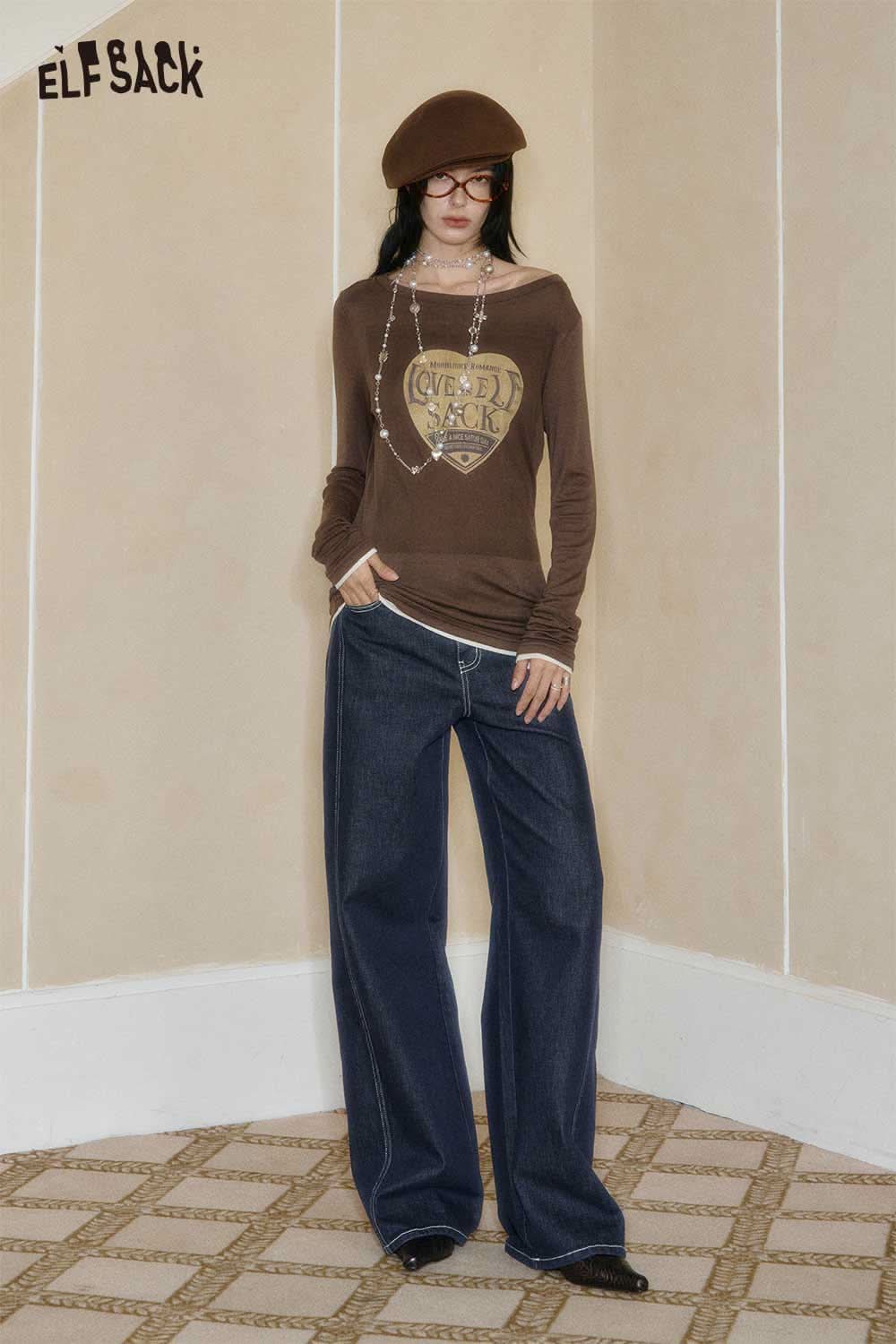 ELFSACK women's wide leg jeans styled with a brown graphic long sleeve top and accessories