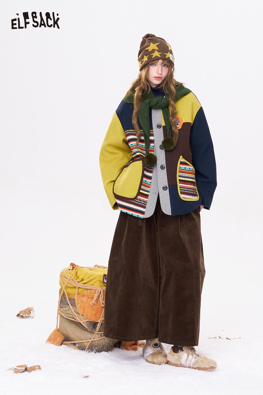 ELFSACK women's wide leg pants in brown, styled with a colorful jacket and accessories for a cozy look
