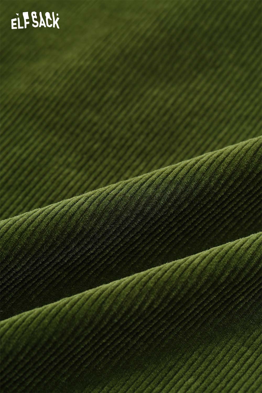 Close-up of ELFSACK women's wide leg pants in soft green corduroy fabric