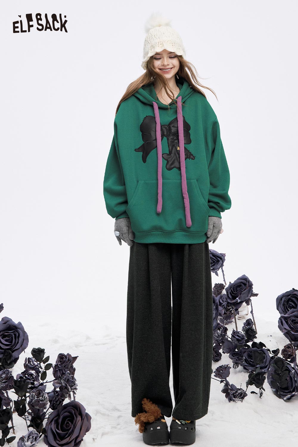 ELFSACK women's wide leg pleated pants paired with a green oversized hoodie for a trendy look