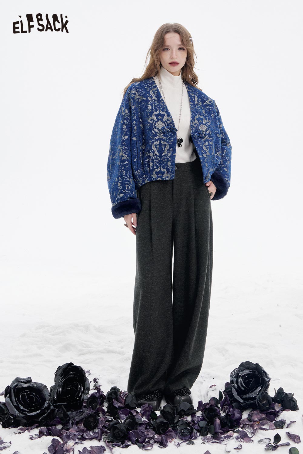 ELFSACK women's wide leg pleated pants paired with a stylish blue jacket, surrounded by black roses