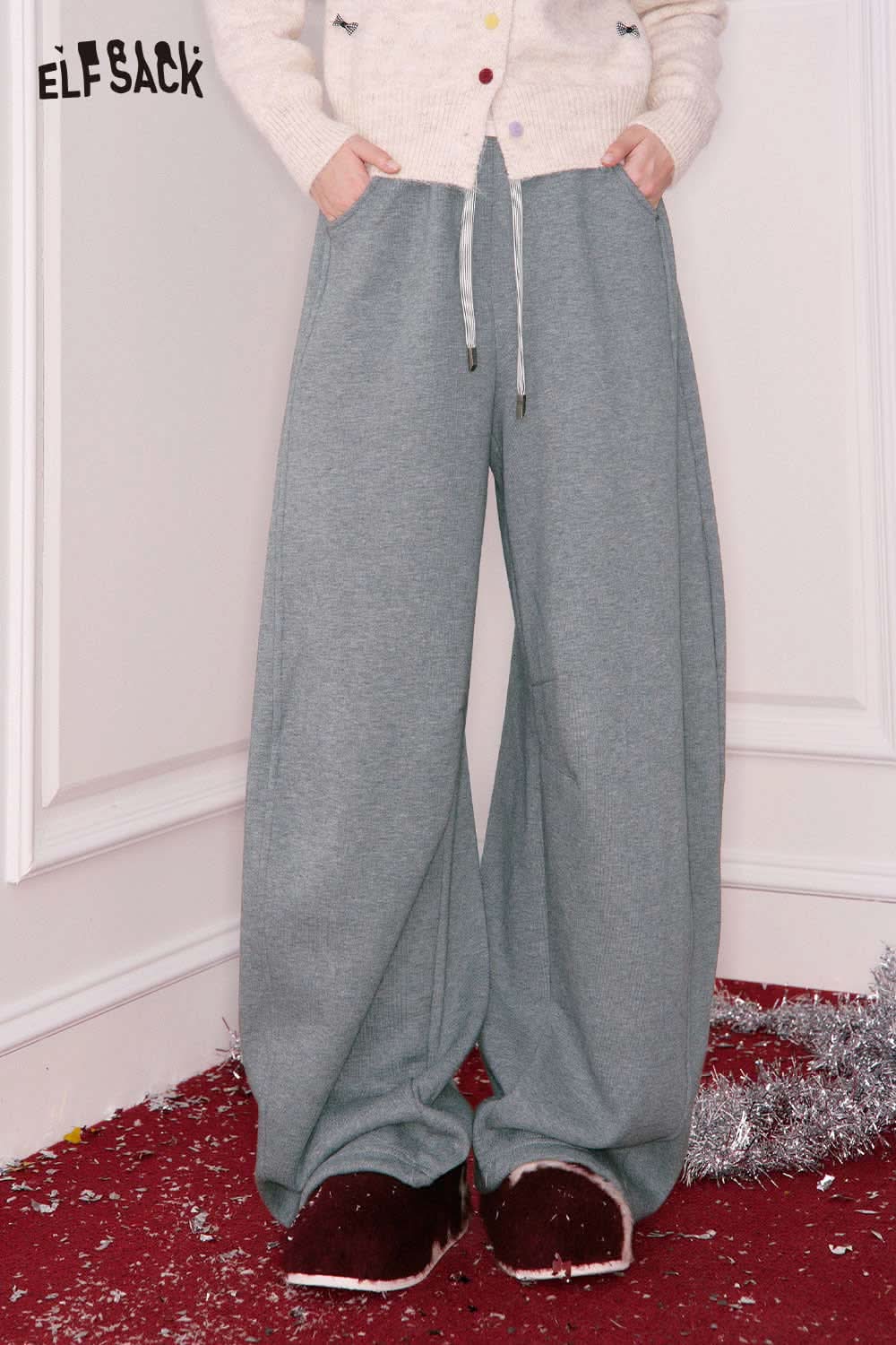 ELFSACK women's wide leg sweatpants in soft gray fabric with an adjustable drawstring waistband