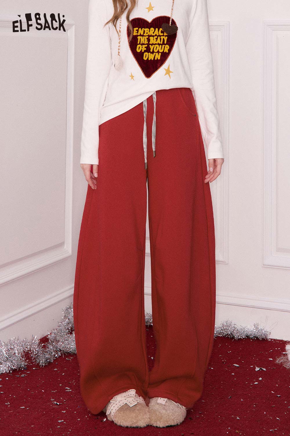 ELFSACK women's wide leg sweatpants in red with a comfortable fit for casual wear