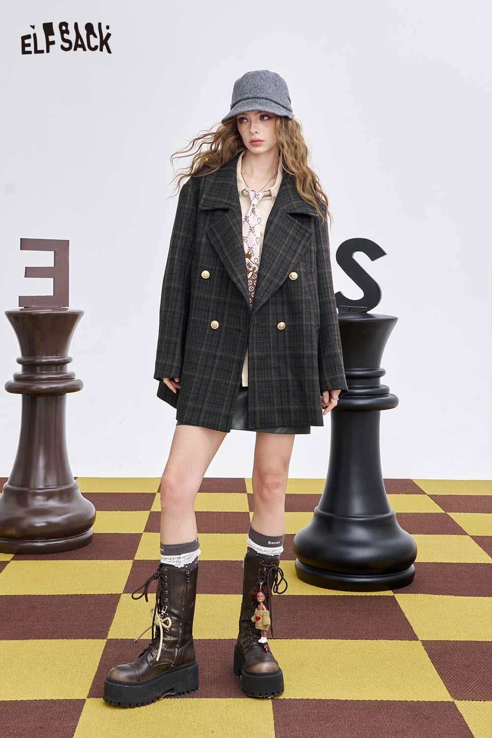 ELFSACK women's wool blend coat with a stylish plaid pattern, perfect for layering in cooler weather