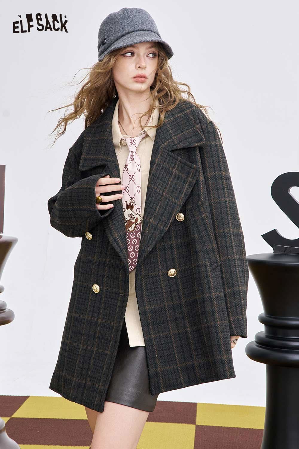 ELFSACK women's wool blend coat with a plaid design and double-breasted buttons for a stylish look