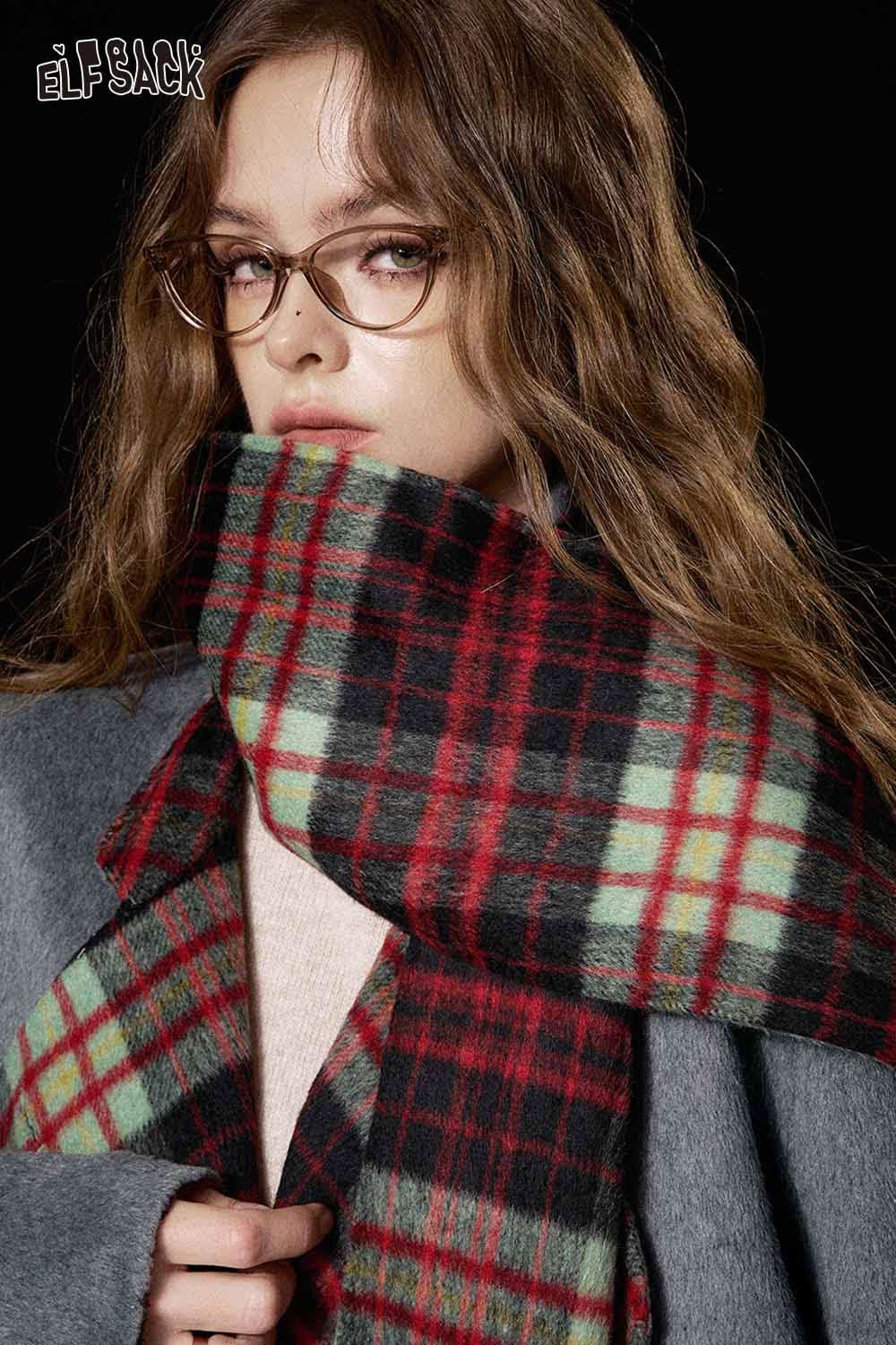 ELFSACK women's wool blend coat worn with a stylish plaid scarf for a chic winter look