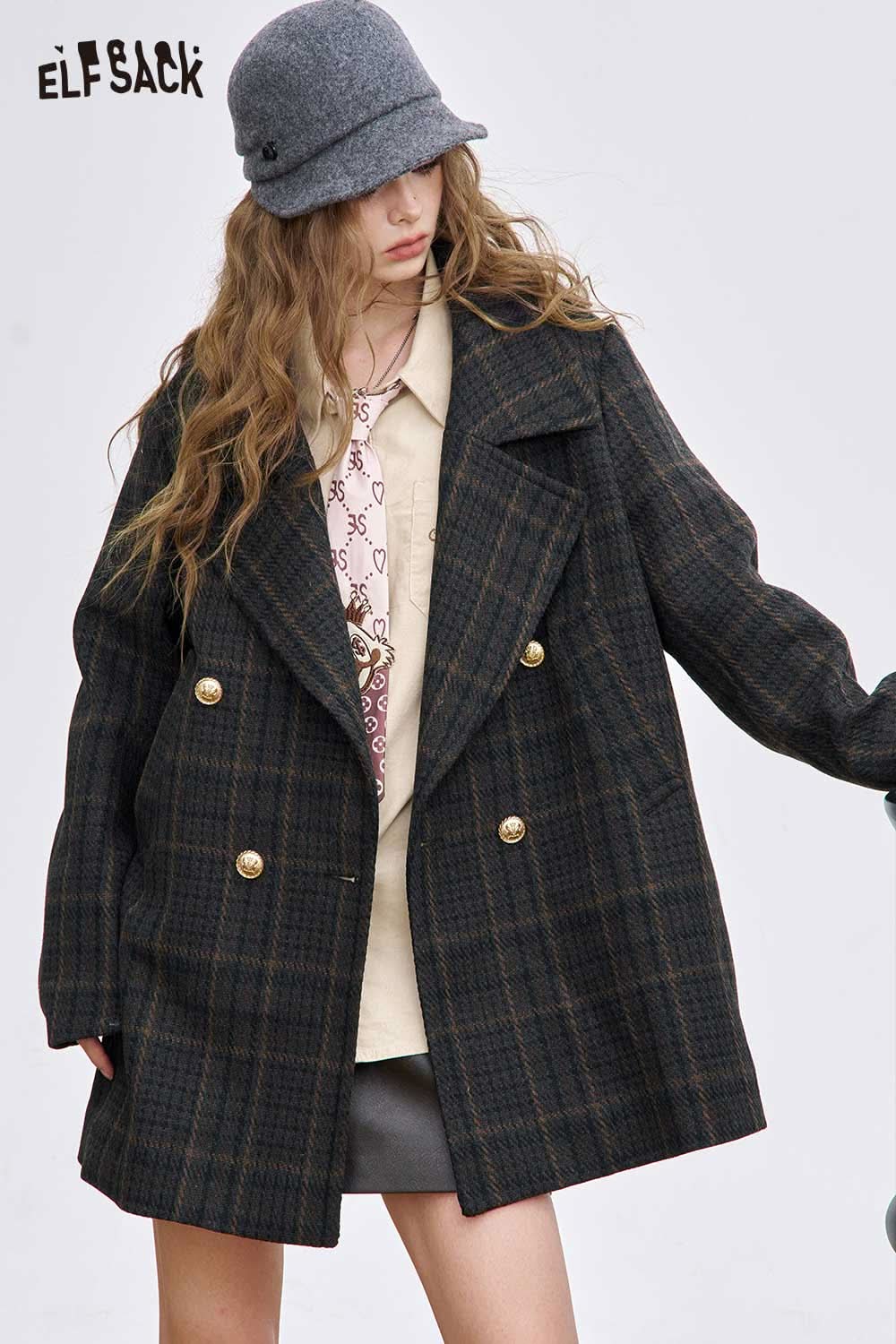 ELFSACK women's wool blend coat featuring a chic plaid design and double-breasted buttons