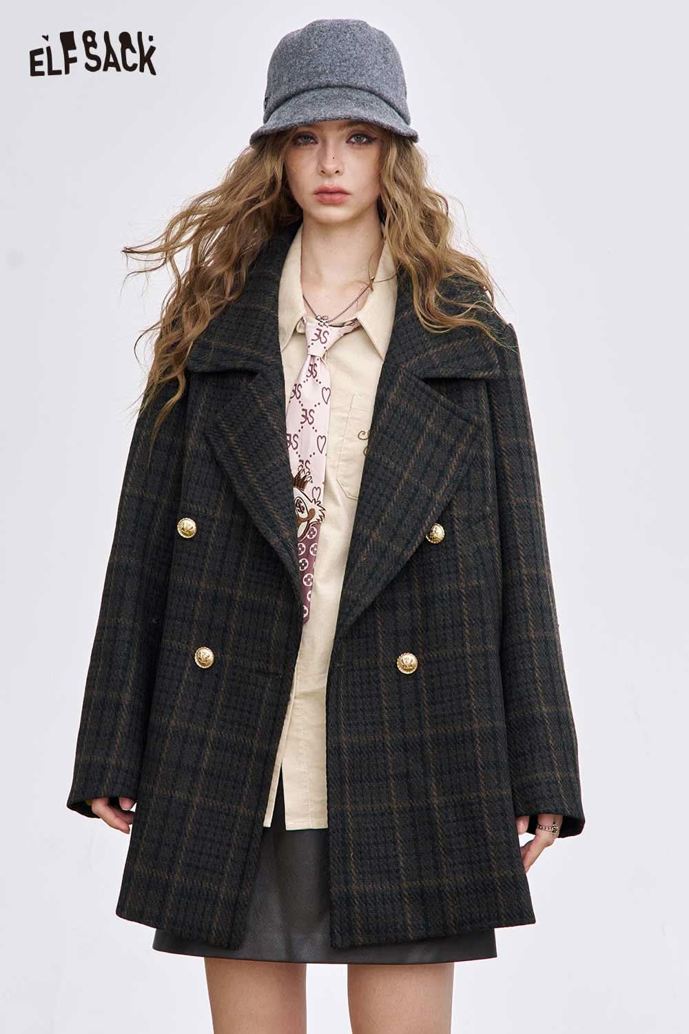ELFSACK women's wool blend coat featuring a double-breasted design and plaid pattern for stylish warmth