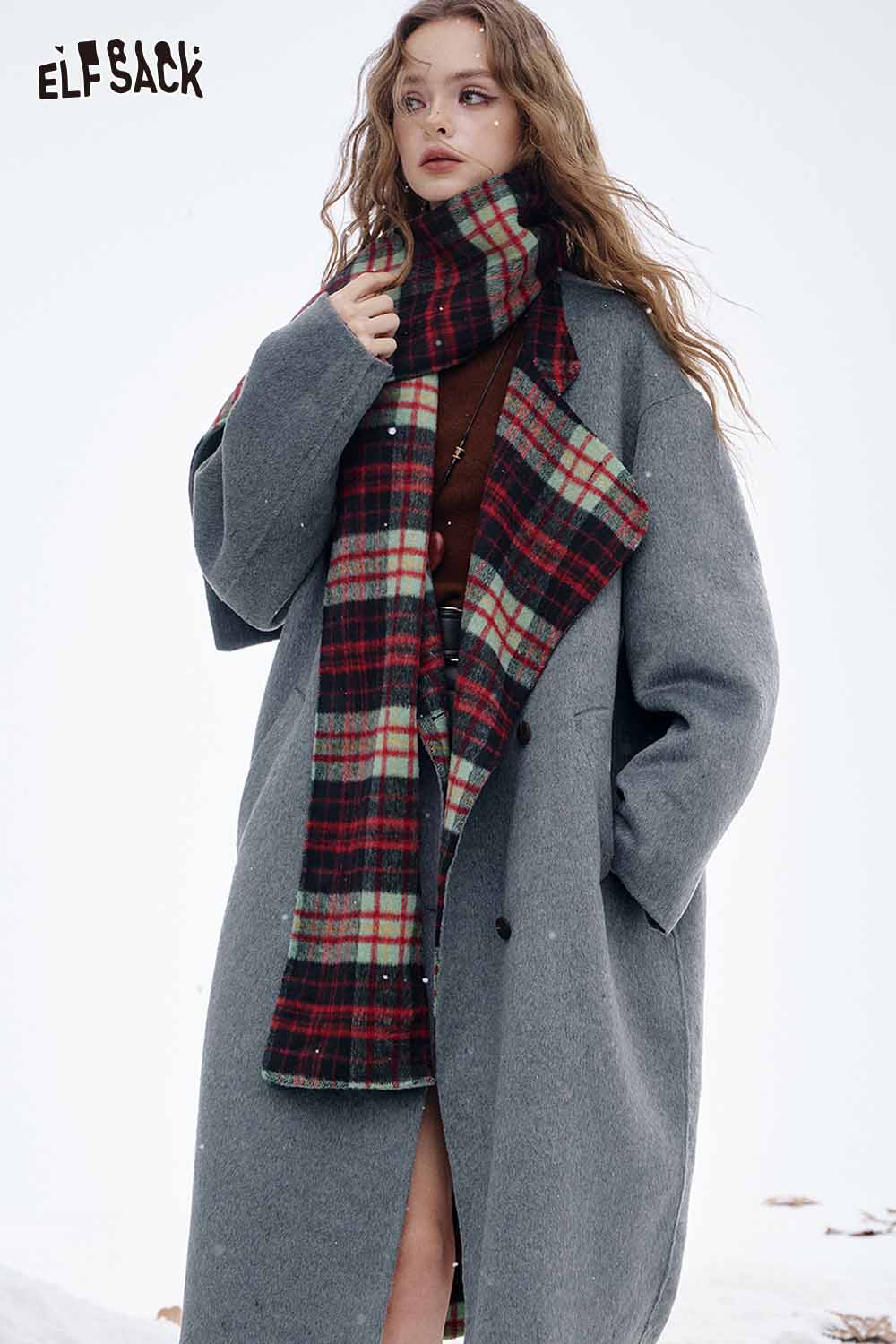 ELFSACK women's wool blend coat in gray with a stylish plaid scarf for a chic winter look