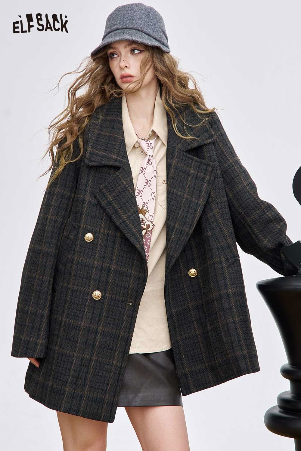 ELFSACK women's wool blend coat in plaid design, featuring double-breasted buttons and a stylish oversized fit