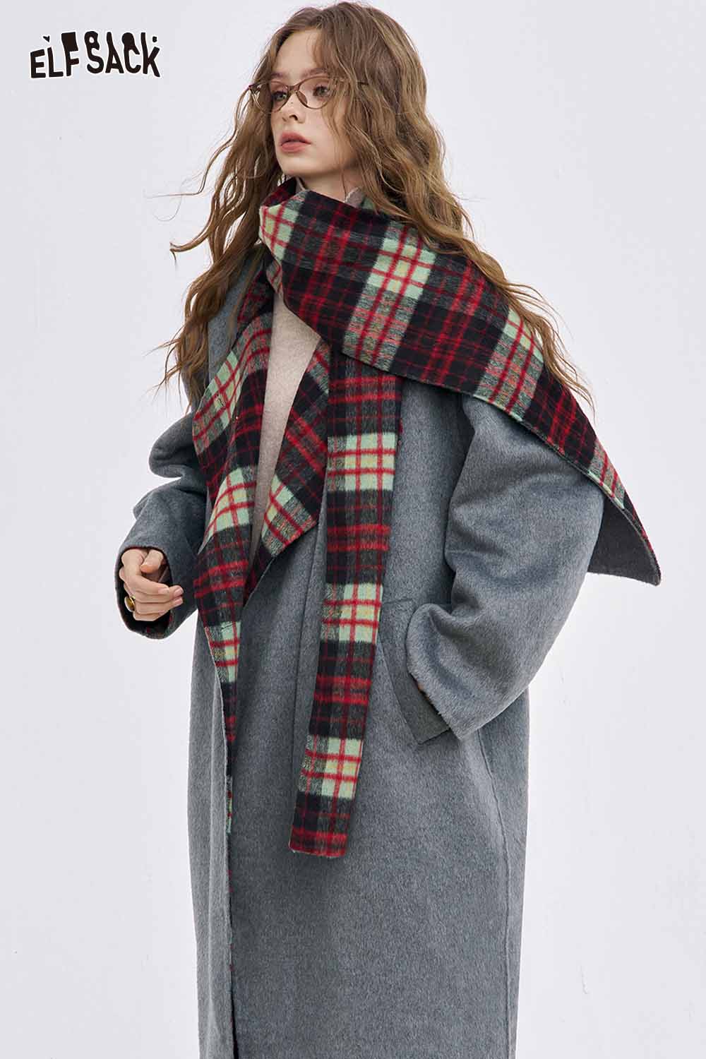 ELFSACK women's wool blend coat in grey with a stylish plaid scarf for a chic winter look