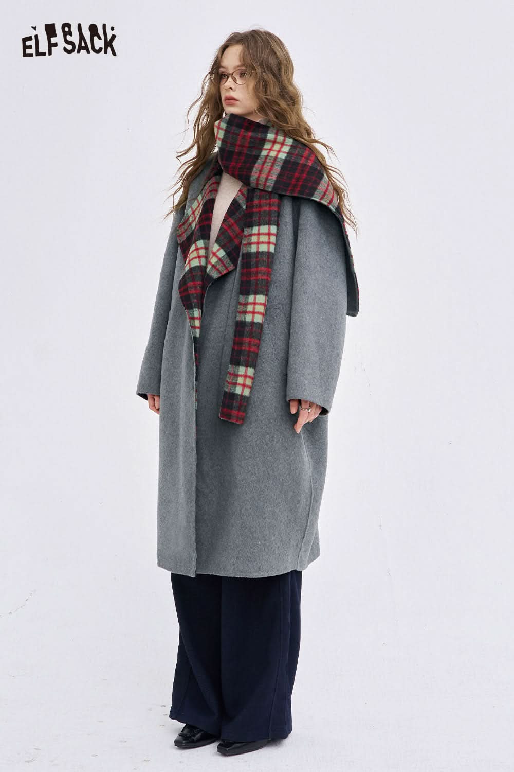ELFSACK women's wool blend coat in gray paired with a plaid scarf for a stylish winter look