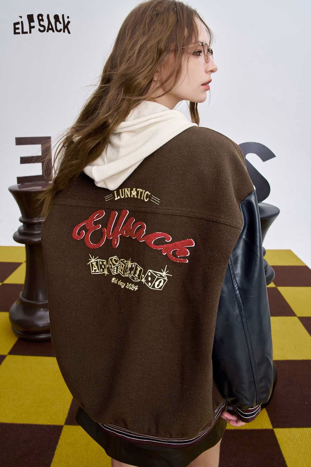 ELFSACK women's wool blend graphic coat featuring unique graphics and a stylish design