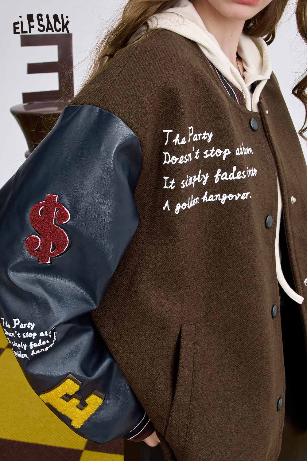 ELFSACK women's wool blend graphic coat featuring stylish text and leather sleeves for a trendy look