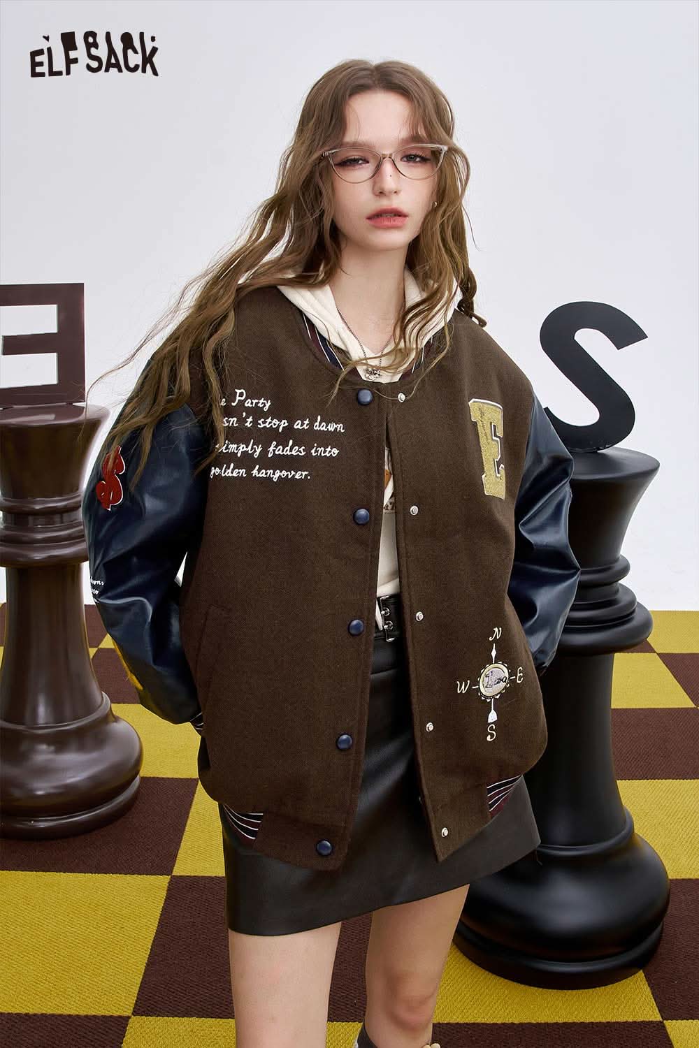 ELFSACK women's wool blend graphic coat featuring a stylish design and comfortable fit