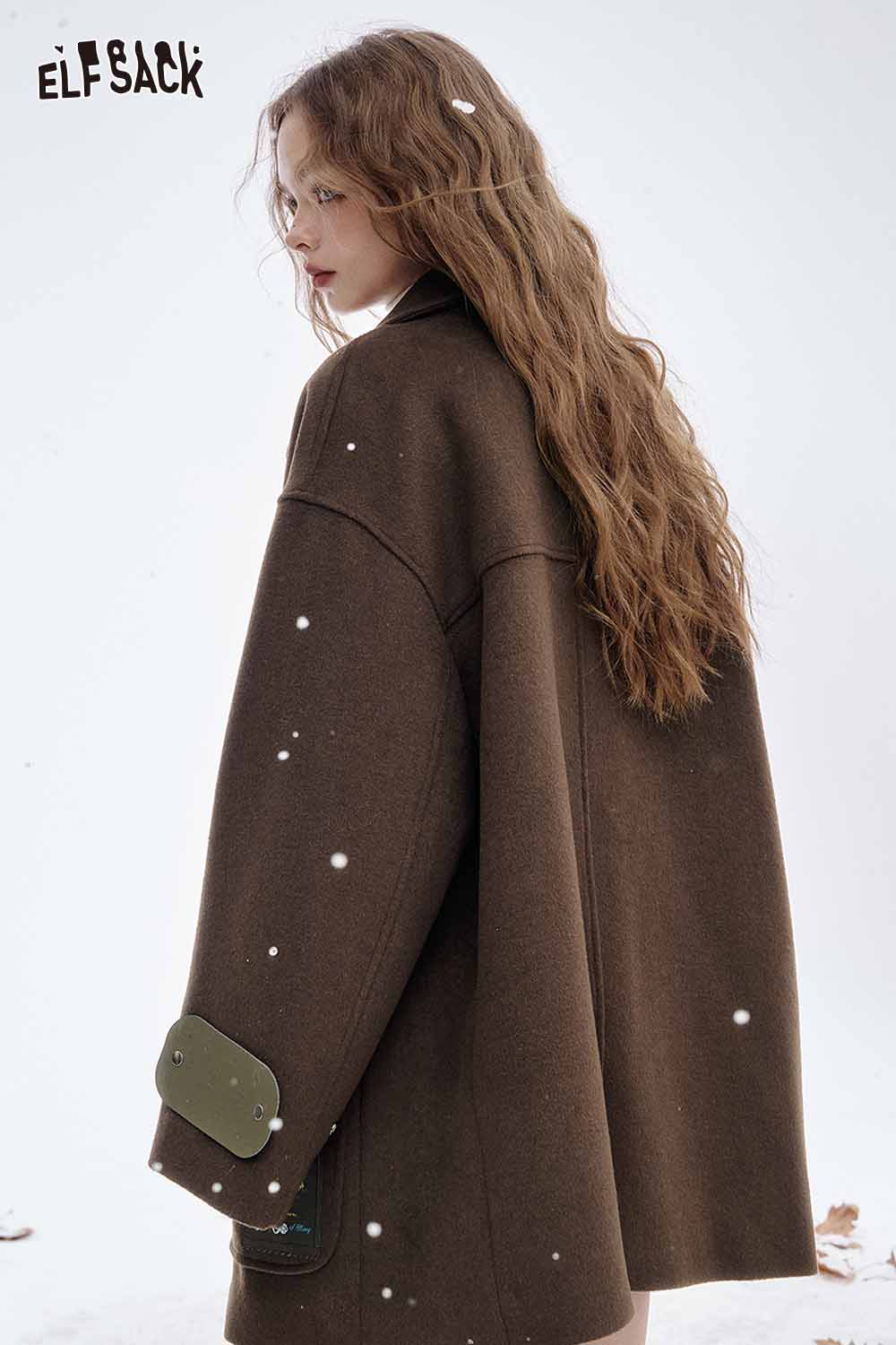 ELFSACK women's wool blend toggle coat in brown with spacious fit and stylish design