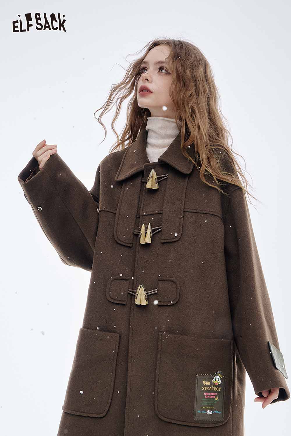ELFSACK women's wool blend toggle coat in brown with large pockets and stylish toggle closures