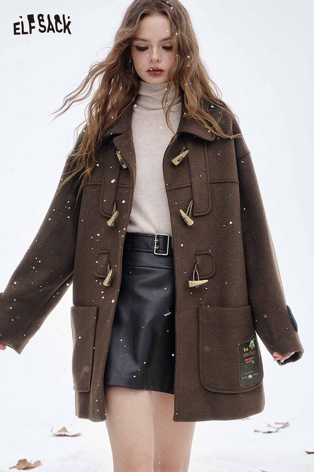 ELFSACK women's wool blend toggle coat in brown with pockets, perfect for stylish winter outfits