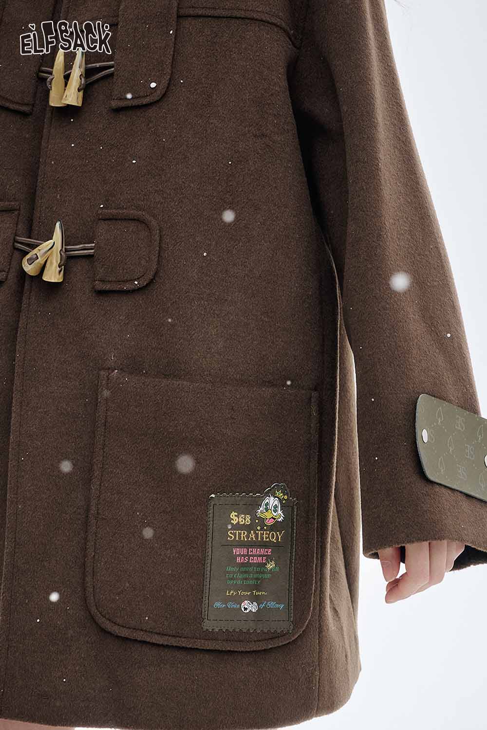 ELFSACK women's wool blend toggle coat in brown with decorative patches and toggle closures