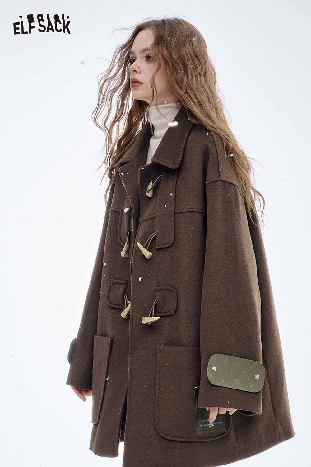 ELFSACK women's wool blend toggle coat in brown with oversized pockets for warmth and style
