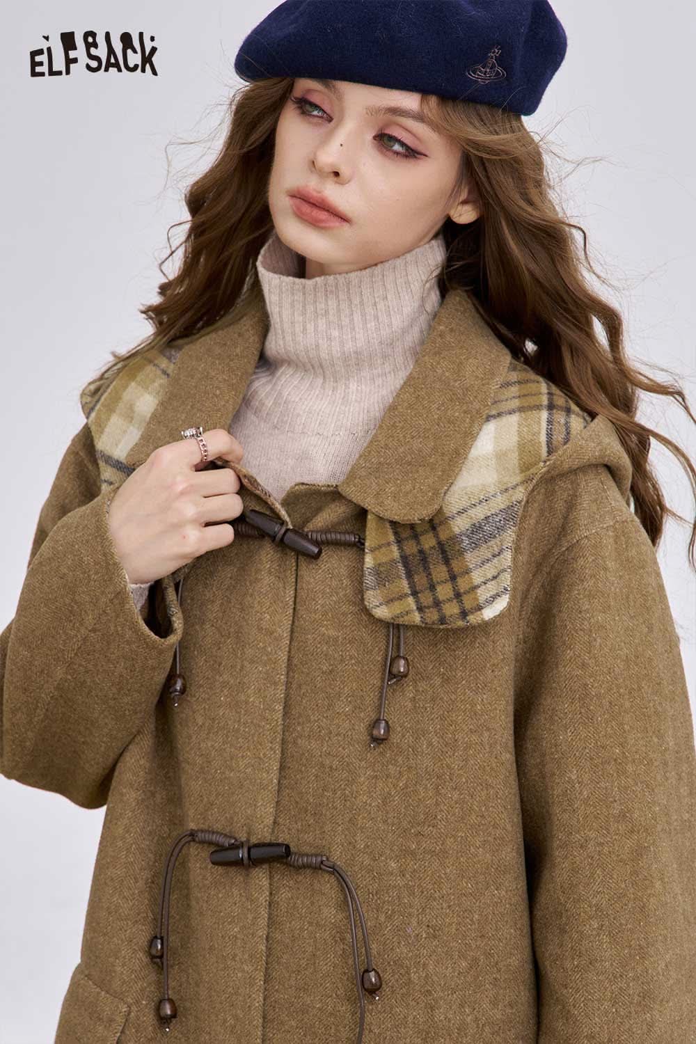 ELFSACK women's wool blend toggle coat with plaid collar and stylish design for warm winter wear