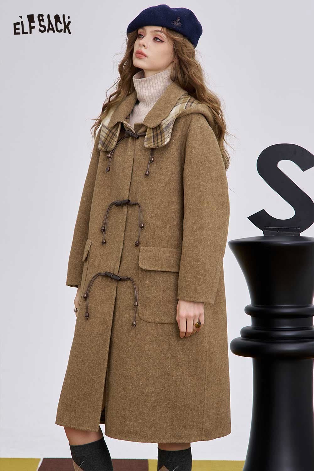 ELFSACK women's wool blend toggle coat in brown with hood and checkered details for stylish warmth