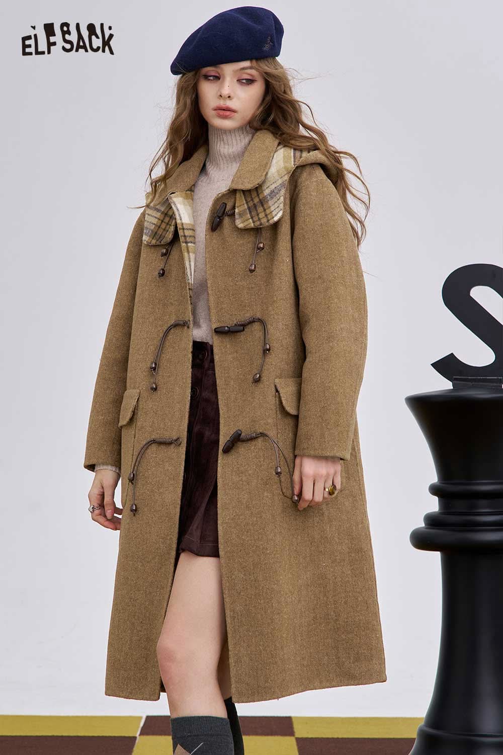 ELFSACK women's wool blend toggle coat in brown with plaid collar and stylish design