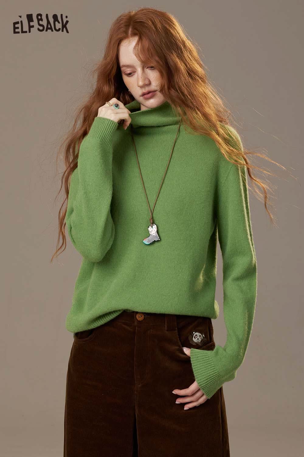 ELFSACK women's wool turtleneck sweater in green with relaxed fit and ribbed detailing