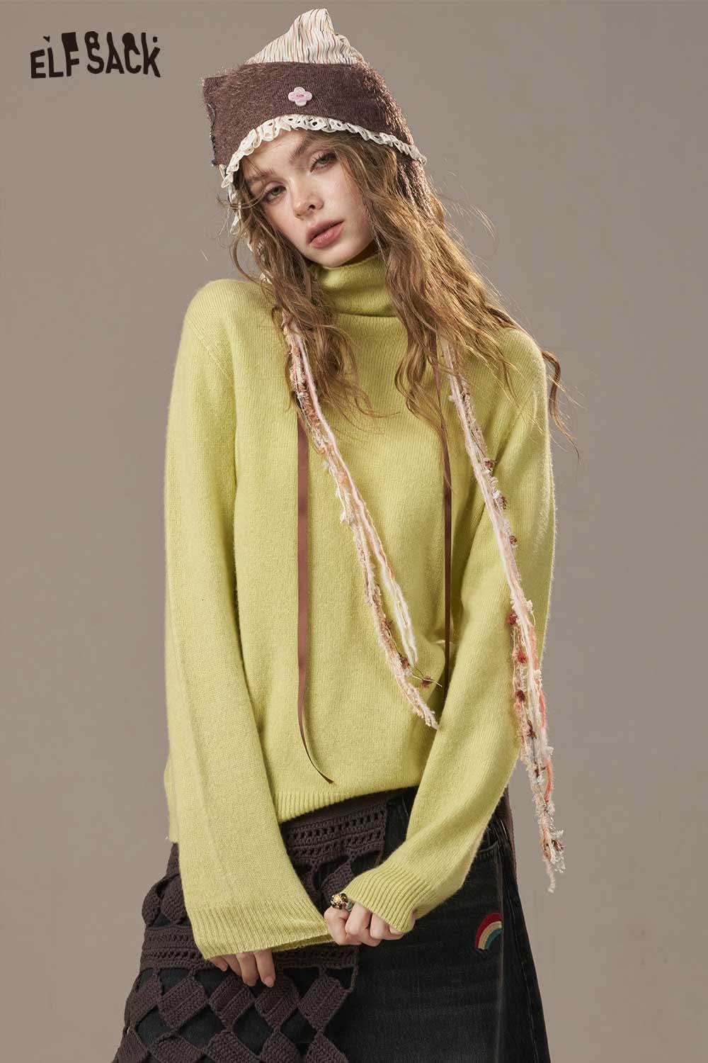 ELFSACK women's wool turtleneck sweater in bright yellow, paired with a stylish hat and skirt