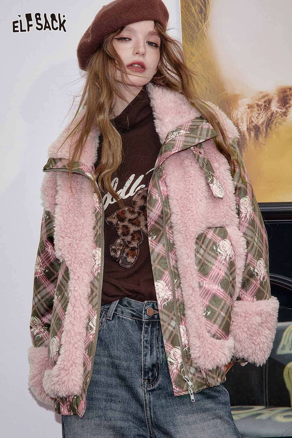 Stylish ELFSACK wool blend boucle coat women with plaid and fluffy textures for a chic winter look