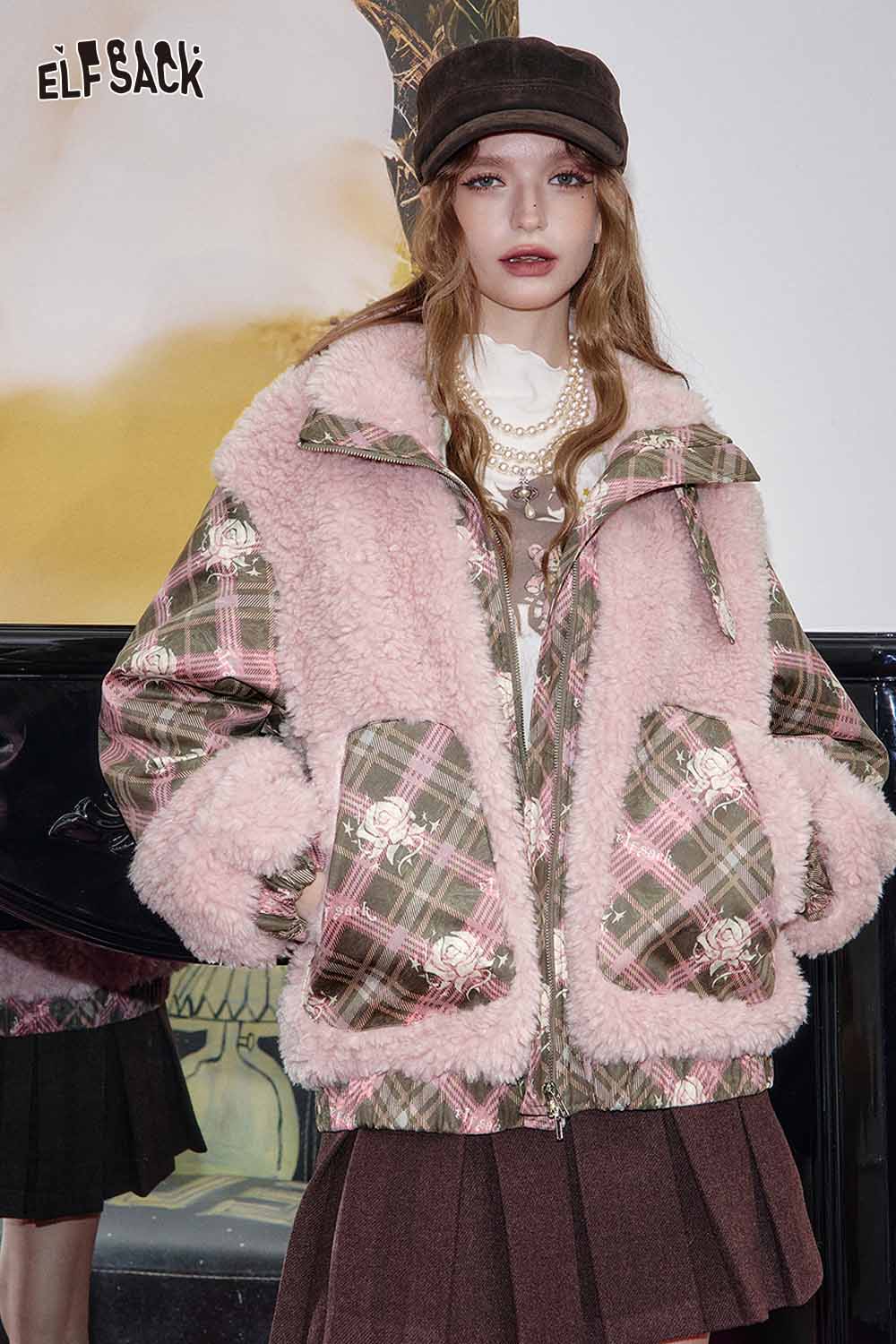 ELFSACK wool blend boucle coat women in plaid design with cozy fur lining and oversized pockets