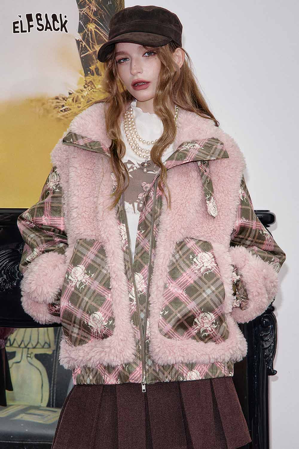 ELFSACK wool blend boucle coat women with pink shearling and plaid design for stylish warmth