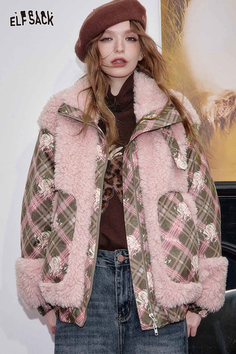 ELFSACK wool blend boucle coat women with plaid pattern and fluffy collar for stylish winter warmth