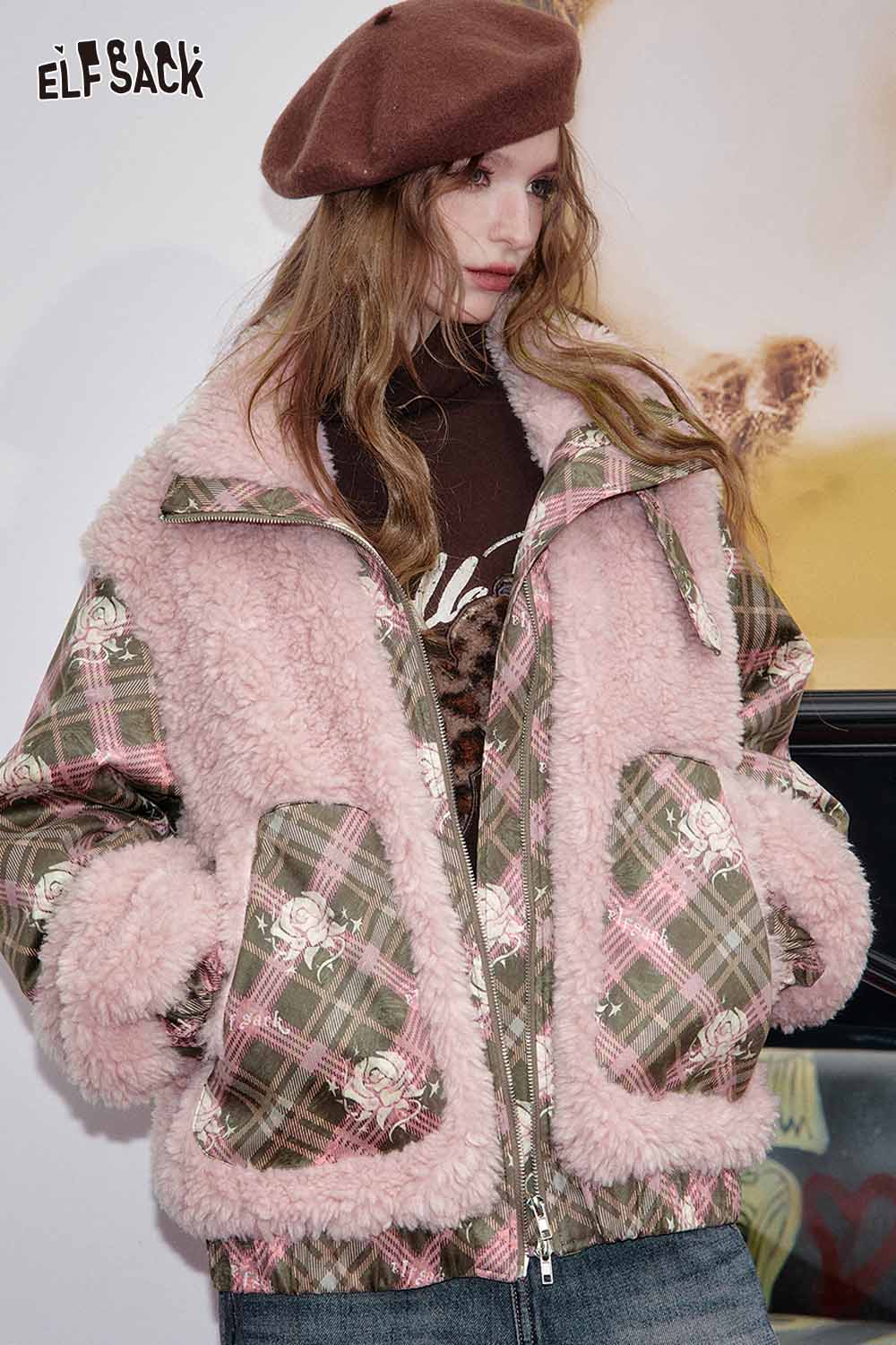 ELFSACK women's wool blend boucle coat with plush pink lining and floral plaid design