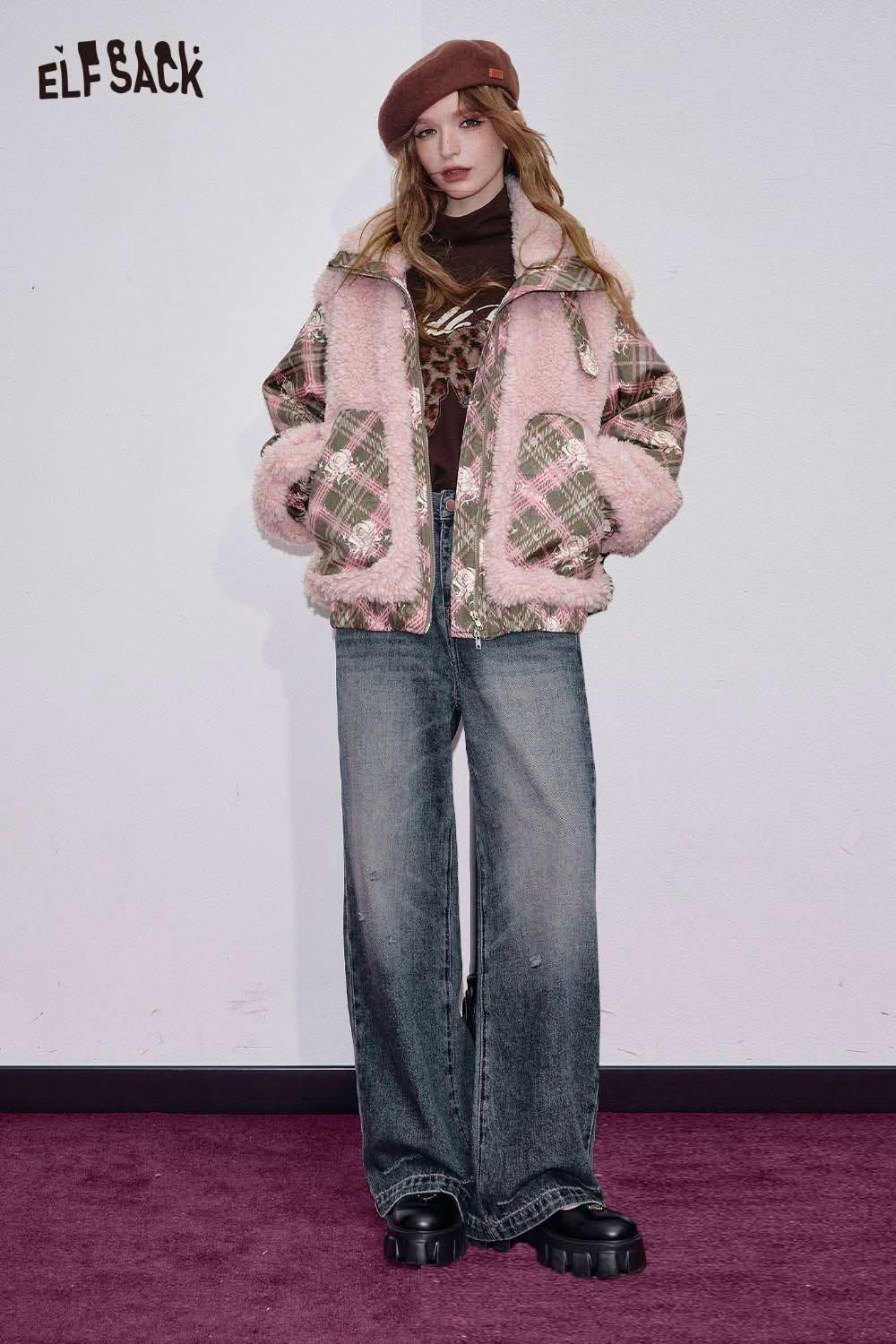 ELFSACK women's wool blend boucle coat with cozy design and quilted detailing