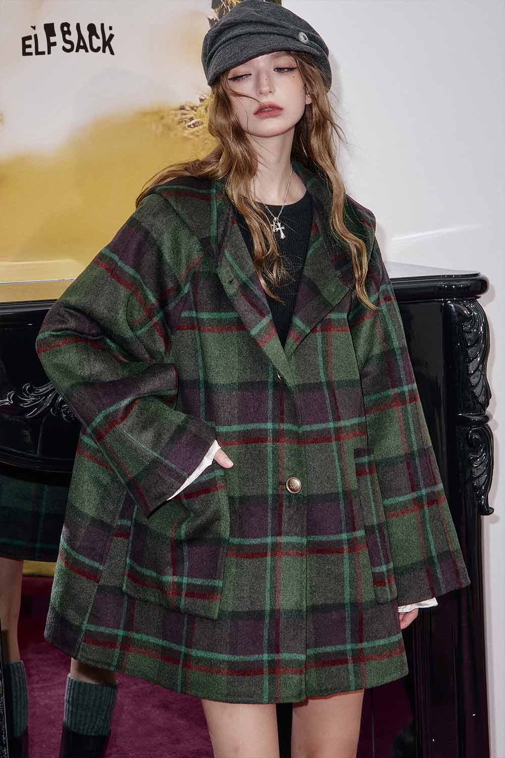 ELFSACK wool blend plaid hooded coat in green and burgundy, featuring oversized design and button closure