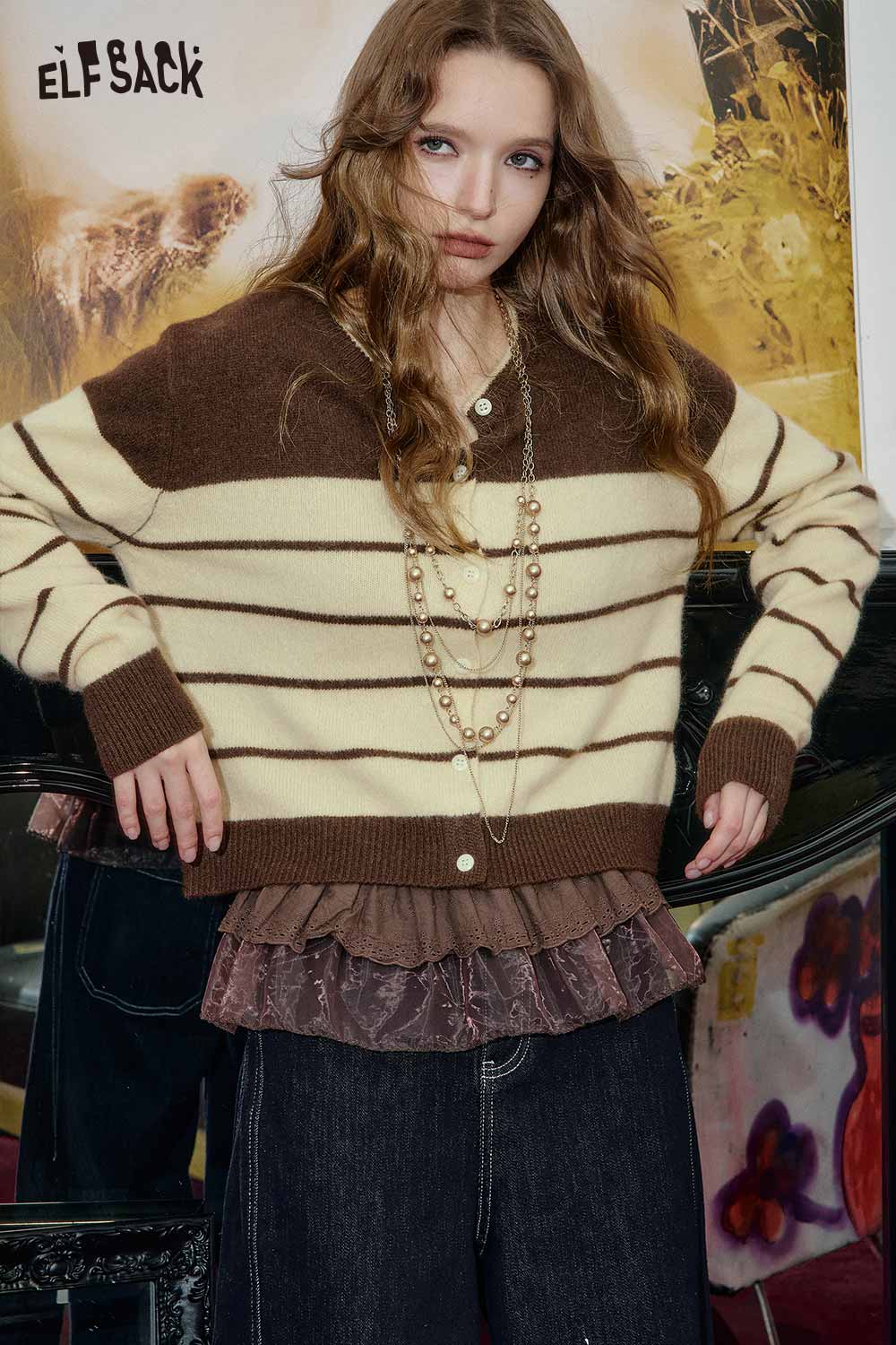 ELFSACK wool blend striped turtleneck sweater in brown and cream with layered ruffle detailing