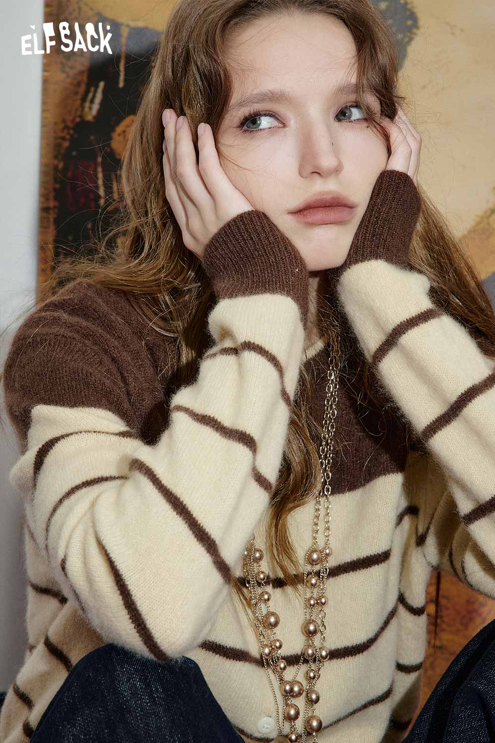 ELFSACK wool blend striped turtleneck sweater in brown and cream for a cozy, stylish look