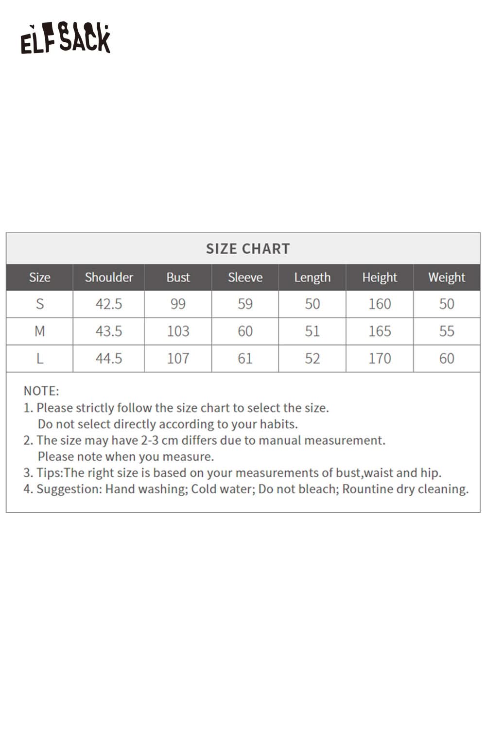 ELFSACK wool blend striped turtleneck sweater size chart for accurate fitting