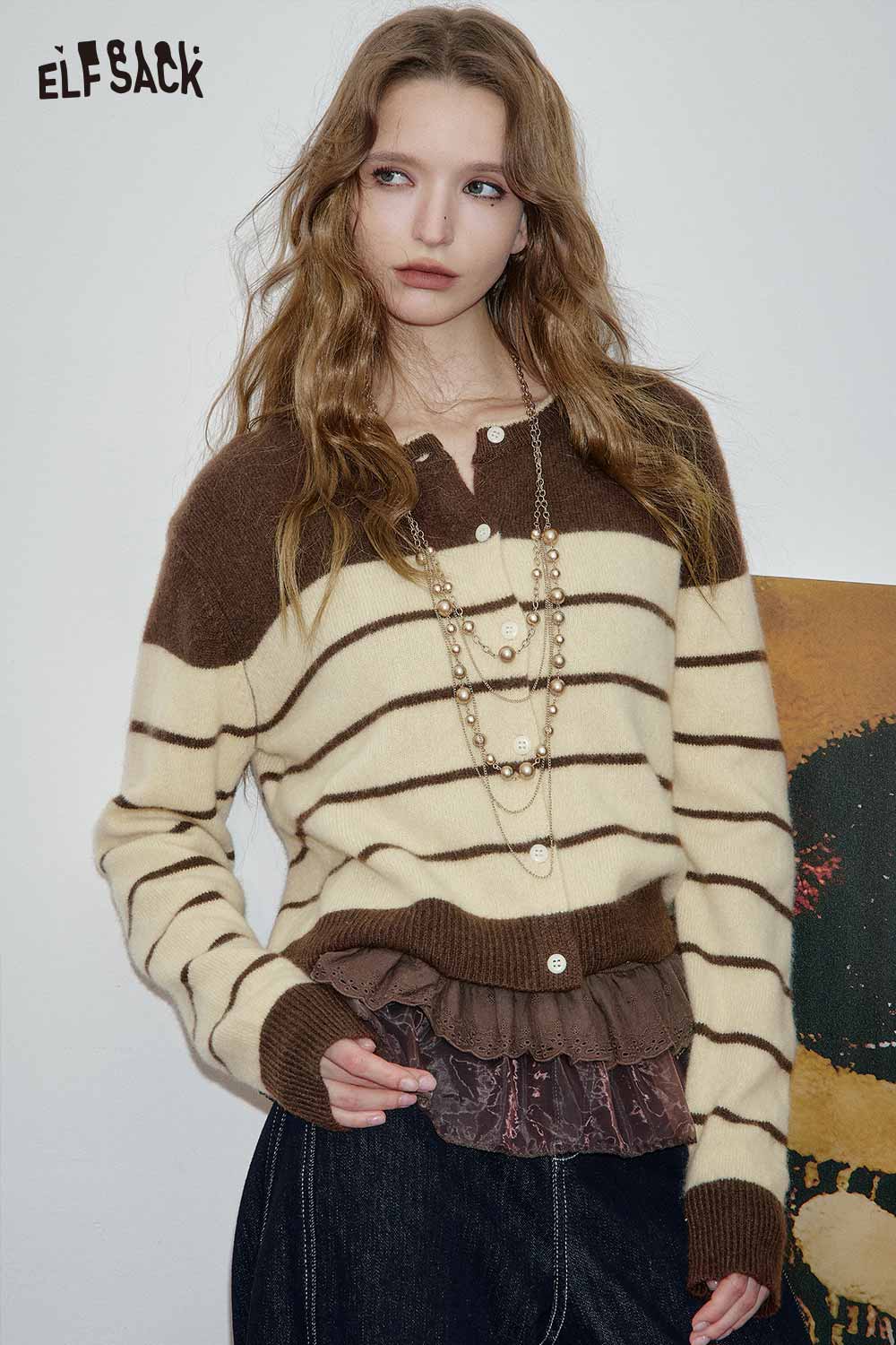ELFSACK wool blend striped turtleneck sweater with buttoned front and relaxed fit for casual style