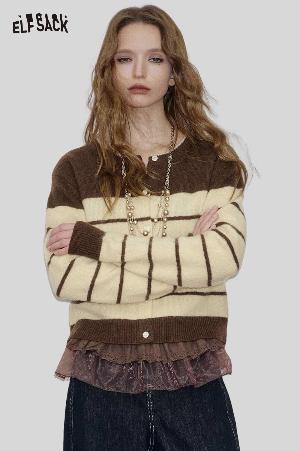 ELFSACK wool blend striped turtleneck sweater featuring a relaxed fit and soft fabric for comfort