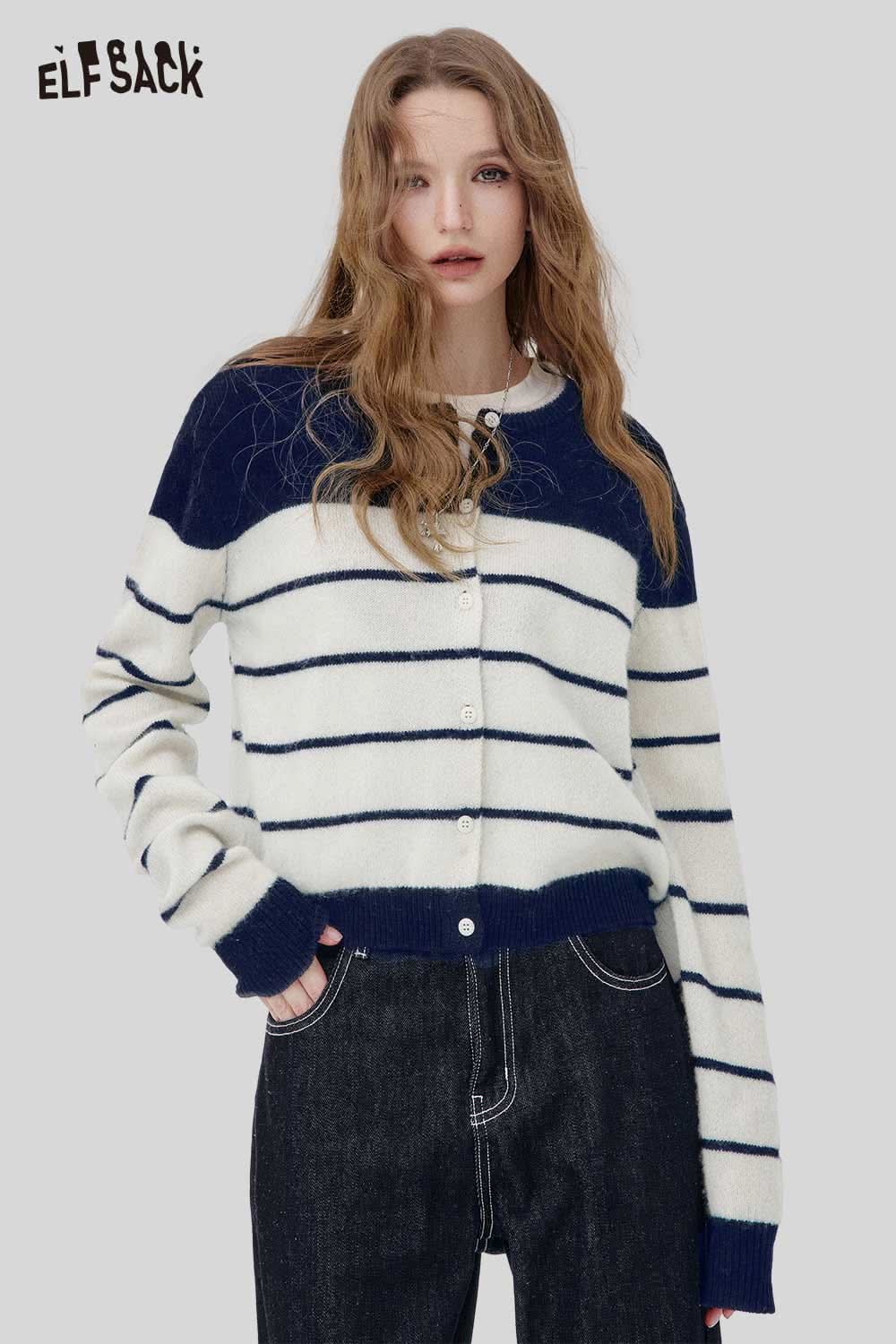 ELFSACK wool blend striped turtleneck sweater featuring a comfortable fit and casual style